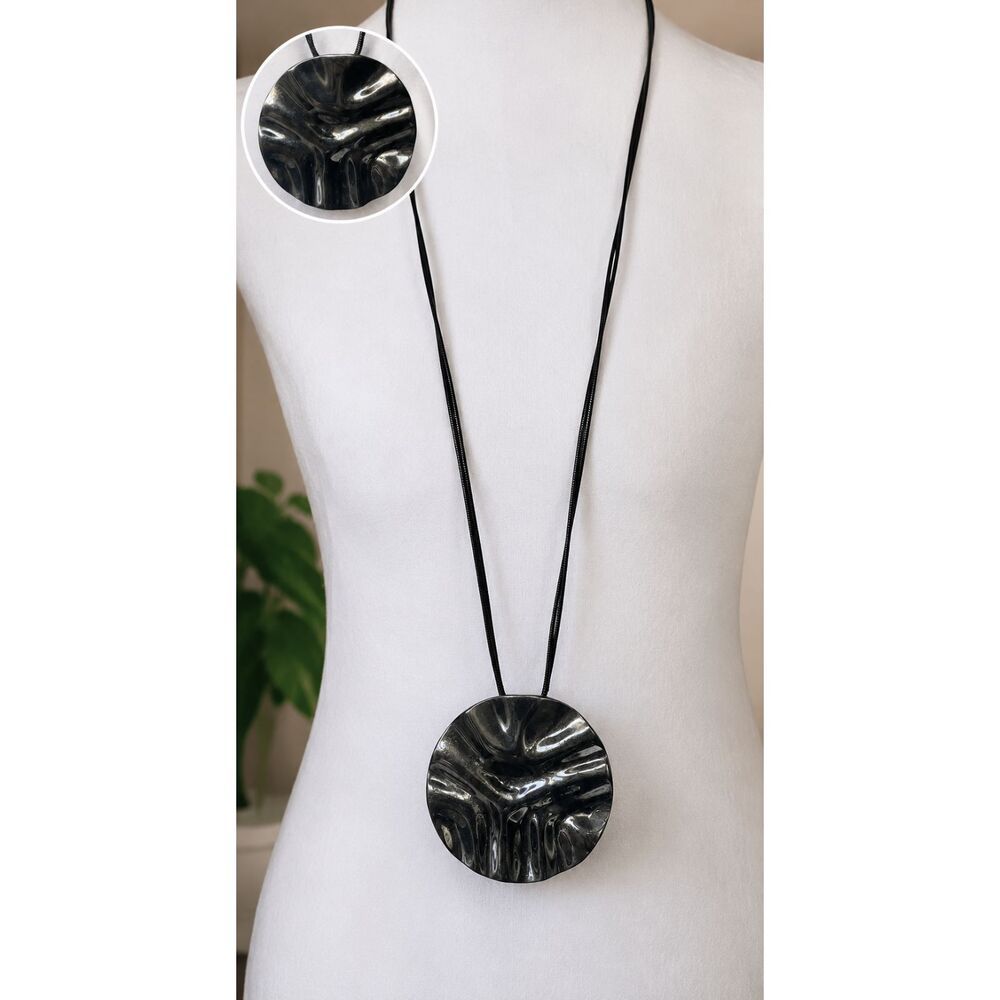 Chicos Black Gunmetal Statement Pendant Necklace Abstract Sculptural Disc